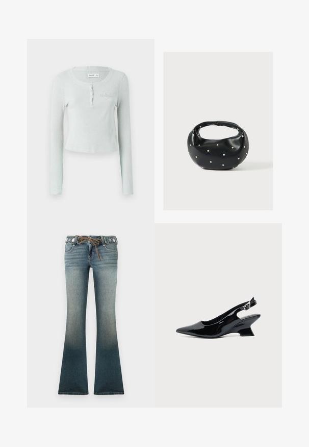 Hellgrünes, geripptes Langarmoberteil mit Rundhalsausschnitt, Knopfleiste und einem dezenten eingeprägten Logo auf der Brust. Weiche Textur.; Ausgestellte Jeans aus Denim in einem Farbverlauf von Hell- zu Dunkelblau, mit einem bestickten Taillenbund und einem braunen Kordelzug als zusätzliches Detail.; Schwarzer Slingback-Schuh aus Lackleder mit spitzer Spitze und niedrigem, schrägem Blockabsatz auf einfachem hellem Hintergrund.; Schwarze Lederhandtasche mit abgerundeter Form, verziert mit silbernen Nietenakzenten und kurzem Griff. Glatte Struktur und Reißverschlussverschluss.