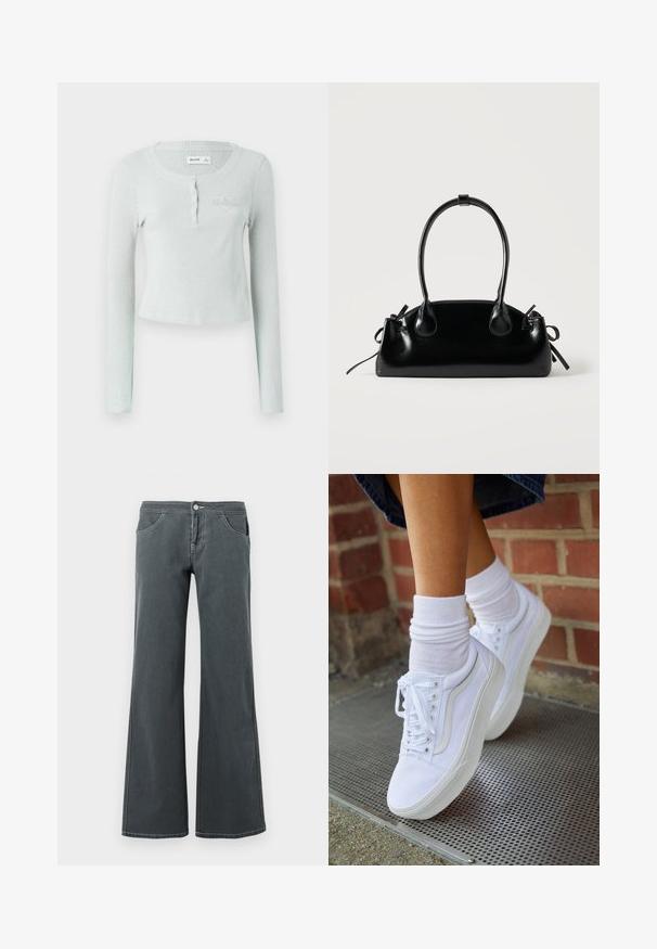 Lysegrøn ribbet langærmet top med rund halsudskæring, knaplukning og et diskret præget logo på brystet. Blød tekstur.; Grå jeans med vidde, lavet af denim med en glat tekstur. Funktioner inkluderer en knaplukning, bælteløkker og forlommer.; Hvide lærreds sneakers med gummisåler, der har seks snørehuller, rund tå og let sømdetaljer, krydret med hvide ankelstrømper.; Lille sort blank håndtaske med to lange håndtag og snøre-detaljer i siden på en ensfarvet lys baggrund.