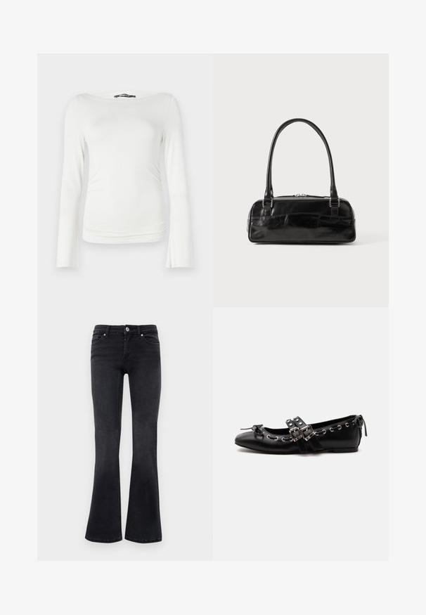 Top blanco de manga larga hecho de una tela suave con un silueta ajustada, que cuenta con un amplio escote barco y un sutil fruncido en la cintura.; Vaqueros bootcut de mezclilla negra con botón frontal, cremallera, trabillas para cinturón y diseño de cinco bolsillos.; Zapato de ballet plano negro con correas de doble hebilla, ojales plateados y un pequeño lazo cerca de la puntera redondeada sobre un fondo blanco.; Bolso de mano de cuero negro con forma rectangular, equipado con un asa estructurada, herrajes en plata y cierre de cremallera. Textura suave.