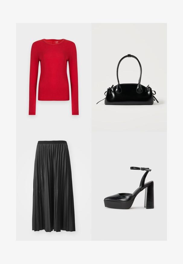 Chemise rouge à manches longues en coton doux, avec un col rond et une coupe ajustée. Texture lisse sans motifs ni ornements.; Jupe maxi plissée noire avec une texture lisse et une taille élastique, dotée de plis verticaux qui créent du volume et du mouvement.; Escarpins noirs à plateforme avec un bout pointu et une sangle réglable à la cheville. Conçus en cuir lisse, avec un large talon bloc.; Petit sac à main noir brillant avec deux longues anses et des détails à cordon sur les côtés sur un fond clair uni.