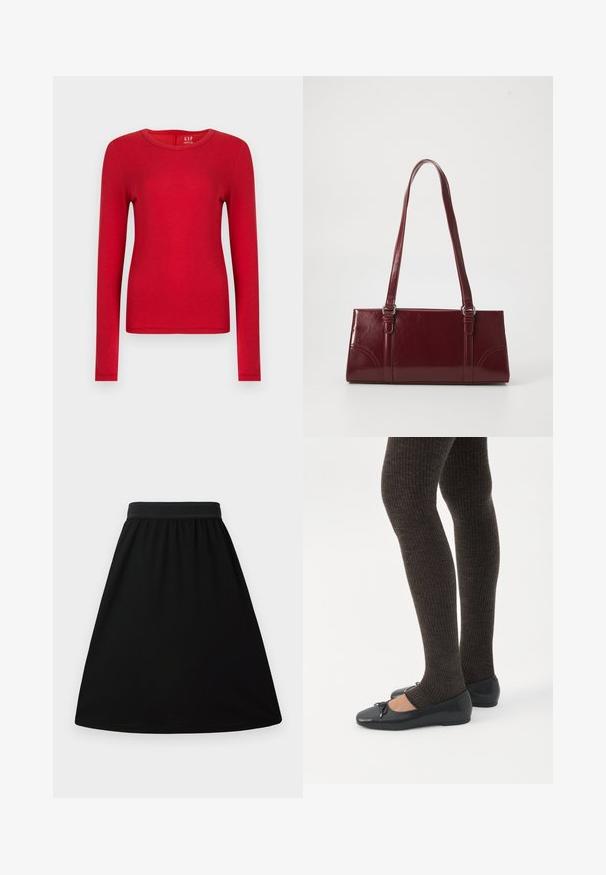 Chemise rouge à manches longues en coton doux, avec un col rond et une coupe ajustée. Texture lisse sans motifs ni ornements.; Jupe noire en A avec une taille élastique, fabriquée dans un tissu lisse et léger ; présente un design simple et uni sans motifs.; Jambes portant des leggings côtelés foncés associés à des ballerines noires avec de petits détails en nœud sur fond blanc.; Sac à main bordeaux en matériau brillant, de forme rectangulaire, avec deux anses et des accents légèrement courbés à l'avant.