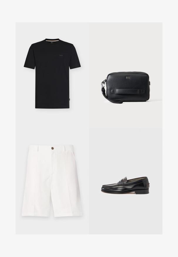 Sort T-shirt med korte ærmer og rund hals samt et lille "BOSS"-logo på venstre bryst, vist på en ensfarvet hvid baggrund.; Hvide bermuda-shorts lavet af letvægtsstof med en afslappet pasform, der har en enkelt brun knap og frontlommer.; Sorte læderloafers med moccasin-design, der har en dekorativ bånd og syningsdetaljer på overdelen. Lav blokhæl.; Sort tekstureret læderhåndledstaske med lynlås, horisontal rem foran, lille sølv "BOSS" logo og aftagelig håndledsrem på venstre side.