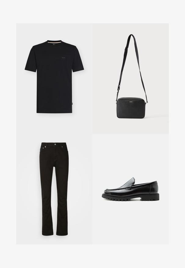 Sort T-shirt med korte ærmer og rund hals samt et lille "BOSS"-logo på venstre bryst, vist på en ensfarvet hvid baggrund.; Sorte denimjeans med lige ben-design, der har frontlommer, lynlåsgylpter og sølvfarvede hardware-detaljer. Glat tekstur, ingen mønstre.; Sort læderloafer med chunky gummisål, syet overdel og præget mærkenavn på hælen, vist i sideprofil på hvid baggrund.; Sort rektangulær crossbody taske med justerbar rem og BOSS-logo foran, sat mod en ensfarvet lys baggrund.