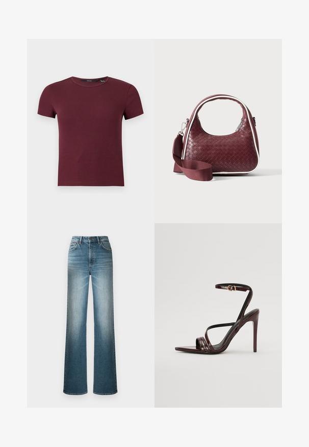 Crop top à manches courtes en maille côtelée col rond couleur bordeaux avec silhouette ajustée.; Jean large bleu clair en denim. Présente une taille haute, un design à cinq poches et un effet délavé du haut vers le bas.; Sandale à talons hauts en cuir verni bourgogne avec une bride de cheville, bout pointu et trois bandes horizontales sur le pied. Détail de boucle dorée.; Sac à main en cuir tressé marron foncé avec poignée courbée, garniture blanche, fermeture éclair argentée et bandoulière large en tissu amovible sur fond uni.