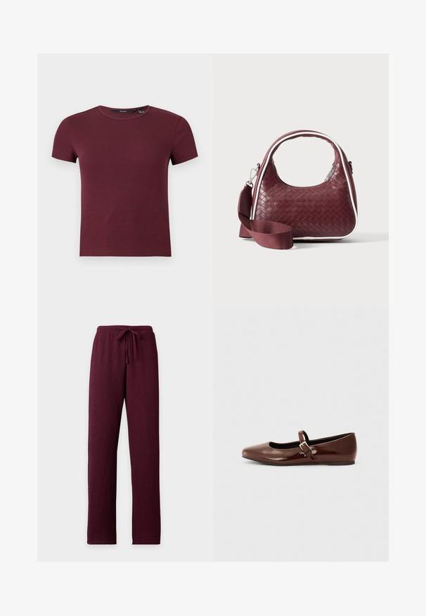 Crop top à manches courtes en maille côtelée col rond couleur bordeaux avec silhouette ajustée.; Pantalon bordeaux texturé avec jambes droites et taille élastique munie d’un cordon de serrage assorti.; Ballerine en cuir verni marron avec un bout carré et une lanière ornée d'une petite boucle dorée. Texture lisse, talon bas et design minimaliste.; Sac à main en cuir tressé marron foncé avec poignée courbée, garniture blanche, fermeture éclair argentée et bandoulière large en tissu amovible sur fond uni.