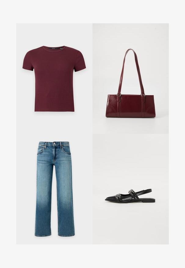Crop top à manches courtes en maille côtelée col rond couleur bordeaux avec silhouette ajustée.; Jean en denim bleu à jambes larges avec fermeture bouton et zip, poches avant et passants pour ceinture sur un fond clair.; Even&Odd by Zalando Ballerines à brides arrière - black; Sac à main bordeaux en matériau brillant, de forme rectangulaire, avec deux anses et des accents légèrement courbés à l'avant.