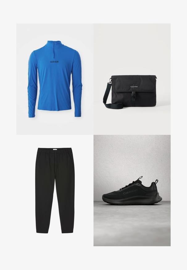 Langærmet trøje med kvart lynlås i lys blå, med en glat tekstur og det trykte mærkenavn "CALVIN KLEIN" i sort på fronten.; Sorte bukser med elastisk talje, lige ben og sidelommer, designet til afslappet eller professionel brug.; Sort Calvin Klein-sneaker med snørebånd, svævende over en grå poleret gulv nær en glasblokvæg og en hvid søjle.; Sort Calvin Klein messenger-taske med justerbar skulderrem og frontklap sikret med spænde, vist mod en ensfarvet baggrund.