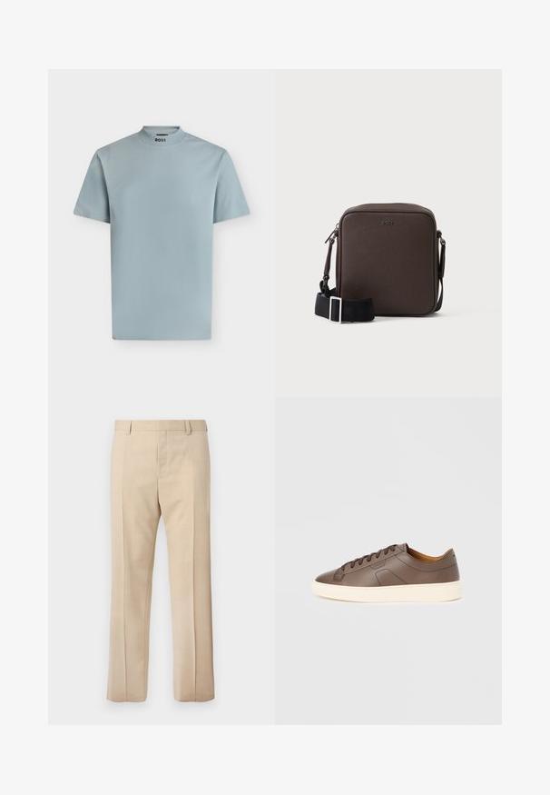 T-shirt bleu clair à manches courtes avec un col montant côtelé et le logo "BOSS" imprimé à l'intérieur de l'encolure.; Pantalon beige sur mesure avec passants pour ceinture, pli devant et fermeture éclair dissimulée, présenté sur un fond uni.; Baskets en cuir marron à texture lisse, semelle extérieure crème contrastante, bout arrondi et lacets marron foncé ; présente un logo discrètement embossé.; Petit sac bandoulière en cuir marron avec une bandoulière noire réglable et des boucles argentées, embossé avec le logo BOSS au centre devant.