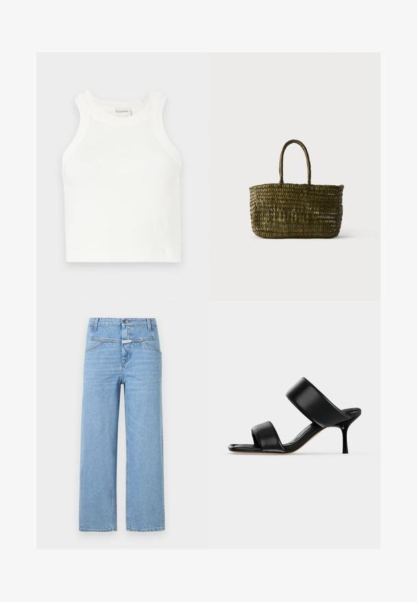 Hvid ribbet tanktop med brede skulderstropper og en tætsiddende silhuet. Har et lille præget logo nær kanten.; CLOSED STOVER - Jeans Relaxed Fit - light blue; Sort læder mule sandal med to brede remme og en slank mellemhøj stiletthæl på en ensartet lys baggrund.; Olivengrøn vævet tote-taske med to afrundede håndtag mod en ensartet lys baggrund.