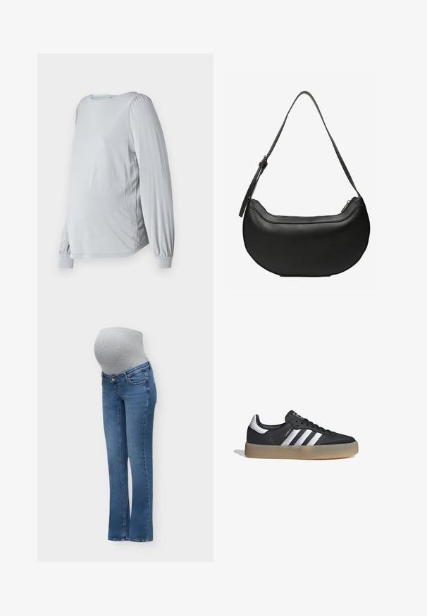 Top de manga larga color gris claro con escote redondeado, mangas abullonadas y un corte holgado, diseñado para brindar comodidad durante el embarazo.; Vaqueros premamá azules con un panel elástico gris en la barriga, diseñado para ajustarse sobre la barriga de embarazo para mayor comodidad y soporte.; Zapatilla deportiva de cuero negro con tres rayas plateadas, punta texturizada y suela de goma. Cuenta con un collar acolchado y un diseño con cordones.; Bolso de cuero negro con forma de media luna, con una larga correa ajustable y cierre superior con cremallera.