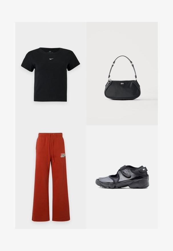 Sort ribbet t-shirt med korte ærmer, der har et lille hvidt Nike-logo på brystet og en rund halsudskæring.; Røde vidde sweatpants med elastisk taljebånd og snøre. Med et trykt Nike-logo på venstre side. Blød tekstur, afslappet design.; Sort Nike Air sko med blank finish, justerbare Velcro-stropper og udskæringsdesign på siderne, set fra siden på en ensfarvet baggrund.; Sort skuldertaske med justerbar rem, lynlås og lille sølv krokodille logo foran i midten.