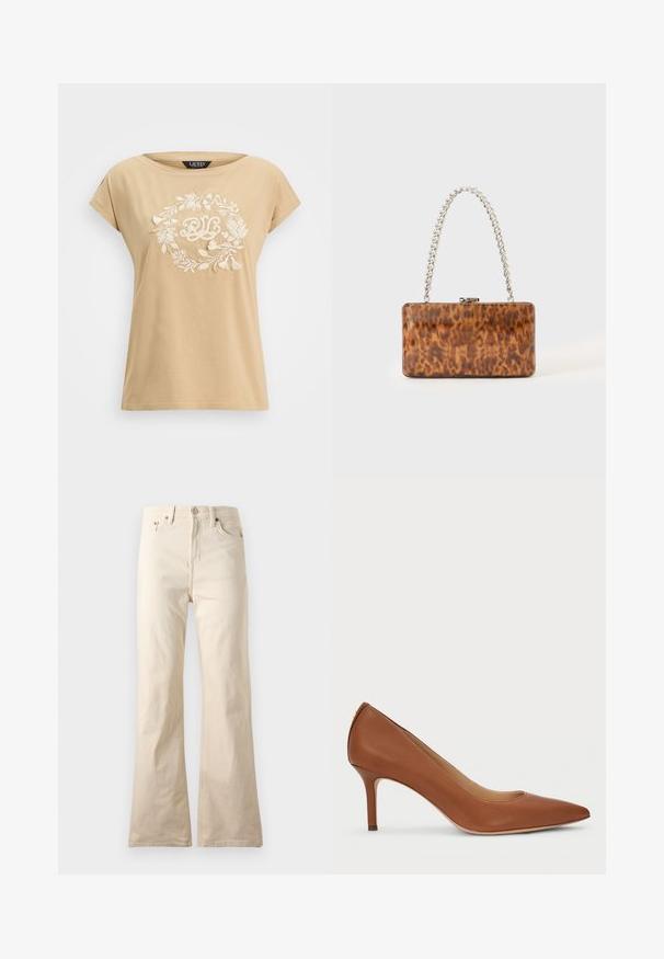 Beige katoenen t-shirt met een relaxte pasvorm, voorzien van een wit geborduurd bloemenkrans ontwerp en de initialen "RLC" in het midden.; Beige high-waist broek met rechte pijpen, vooraan knoop en ritssluiting, met voor- en achterzakken, weergegeven op een effen achtergrond.; Lauren Ralph Lauren LANETTE PUMPS CLOSED TOE - Klassieke pumps - deep saddle tan; Rechthoekige bruine handtas met schildpadmotief, zilveren kettinghengsel, kliksluiting en glanzende afwerking, getoond tegen een lichte, effen achtergrond.