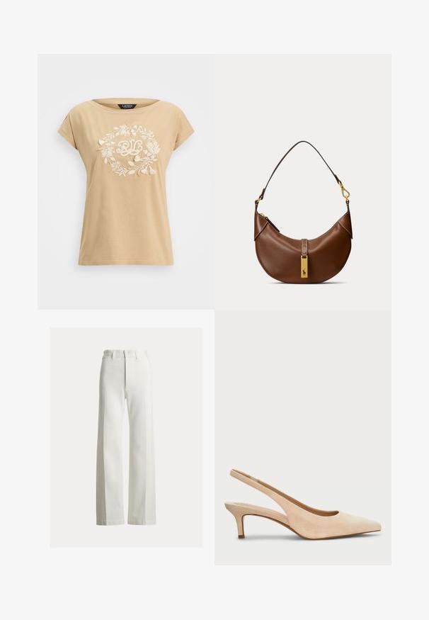 Beige katoenen t-shirt met een relaxte pasvorm, voorzien van een wit geborduurd bloemenkrans ontwerp en de initialen "RLC" in het midden.; Wijd uitlopende, hoge taille broek in wit denim. Beschikt over een strakke voorkant met een verborgen knoopsluiting en subtiele naden voor structuur.; Lauren Ralph Lauren LOLAH II SUEDE SLINGBACK PUMP - Klassieke pumps - sand dune; Bruine leren handtas in halve maanvorm met een enkele band en een gouden rechthoekig label met een paardenlogo.