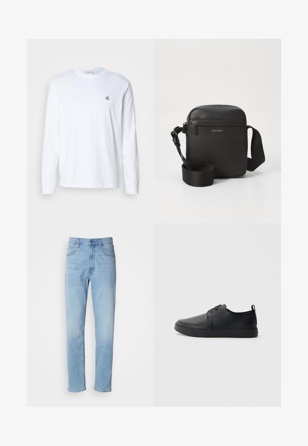 Hvid langærmet bomuldsskjorte med rund hals og lille sort "cK"-logo på venstre bryst.; Lys blå denim jeans med lige pasform, fem lommer og bæltestropper. Stoffet har en glat overflade med en let falmningseffekt.; Sorte lædersneakers med en glat finish, rund tå, tonalt syning, snøring foran og en flad gummisål. Løkke ved hælen.; Sort læder crossover taske med tekstureret finish, udstyret med en frontlomme med lynlås og en justerbar stofrem. Mærkets logo er synligt.