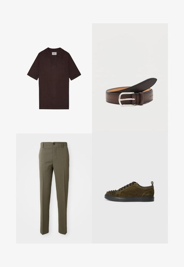 Brun polo shirt lavet af tekstureret stof, med en spids krave og korte ærmer. Mærket viser "NN. 07" ved kraven.; Olivengrønne skræddersyede bukser med en glat overflade, lige bendesign, enkelt foretrukket knap og sidelommer for funktionalitet.; Olivengrøn ruskinds sneaker med sort gummisål, der har et spidst tøjdækningsdesign og sorte snørebånd. Inkluderer en lille trækflap ved hælen.; Mørkebrun læderbælte rullet sammen med sølv rektangulært spænde på hvid baggrund.