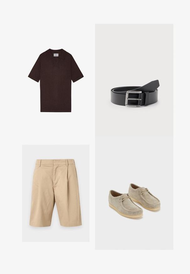 Bruine polo gemaakt van gestructureerde stof, met een puntig kraag en korte mouwen. Het label toont "NN. 07" bij de hals.; Beige, op knielengte gesneden korte broek met riemlussen, voorplooien en een verborgen voorsluiting, getoond tegen een lichte achtergrond.; Beige suède schoenen met een ronde neus, zachte textuur en een rubberen zool. Heeft minimale veter en een eenvoudig ontwerp.; Zwart leren riem opgerold met een zilveren rechthoekige metalen gesp met de gravure "BOSS" op een lichtgrijze achtergrond.