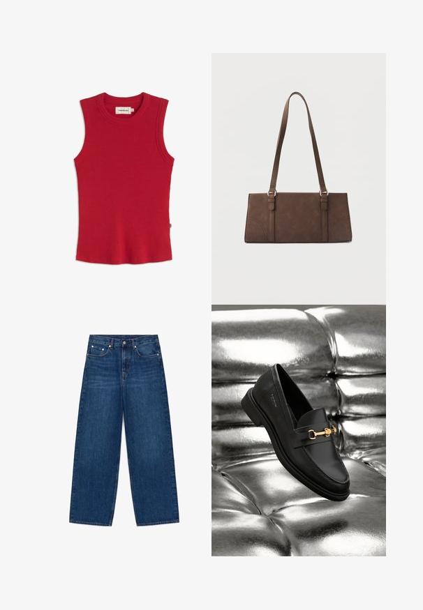 Haut rouge sans manches en maille côtelée avec encolure ronde et petite étiquette de marque à l'intérieur du col.; Jean en denim bleu à jambes larges avec design cinq poches et fermeture par boutons, présenté à plat sur un fond blanc.; Mocassin en cuir noir avec un détail en métal doré. La chaussure présente un design épuré et une texture lisse et brillante.; Sac à bandoulière rectangulaire marron avec longues sangles et détails de couture minimalistes sur un fond uni.