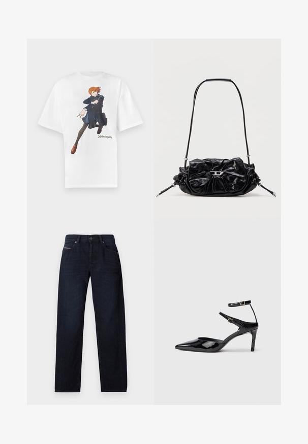 T-shirt en coton blanc présentant un motif graphique d'un personnage aux cheveux orange, portant un manteau bleu et des leggings noirs. Texte "Jujutsu Kaisen" inclus.; Jean droit bleu foncé avec poches avant, passants de ceinture et fermeture à bouton, posé à plat sur un fond blanc.; Talons en cuir verni noir avec un bout pointu, des sangles de cheville ajustables et un talon fin. Texture lisse avec une finition brillante.; Sac à main en cuir noir avec un design froncé et un détail en forme de nœud sur le devant. Dispose d'une poignée courte et d'accents de quincaillerie argentée.