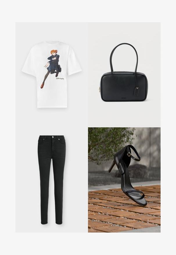 T-shirt en coton blanc présentant un motif graphique d'un personnage aux cheveux orange, portant un manteau bleu et des leggings noirs. Texte "Jujutsu Kaisen" inclus.; Jean skinny noir taille haute avec bouton et fermeture éclair à l'avant, design cinq poches, présenté sur un fond clair.; Sandale noire à talon haut avec sangle à la cheville, suspendue au-dessus d'un sol en carreaux de bois à l'extérieur, avec un arrière-plan flou de verdure et de pierre.; Sac à main rectangulaire noir avec doubles poignées arrondies, fermeture éclair dorée et logo "HUGO" embossé sur le devant avec une étiquette en cuir attachée.