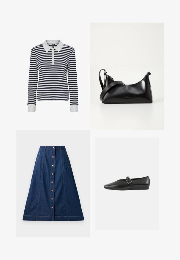 Polo à manches longues rayé en bleu marine et blanc, avec un col blanc contrastant, une patte de boutonnage et une texture côtelée.; Jupe A-line en denim bleu foncé avec une fermeture à boutons à l'avant, dotée de poches, de coutures contrastantes et d'une longueur jusqu'au mollet.; Chaussure plate en cuir noir avec un orteil pointu, présentant une sangle à boucle métallique sur le cou-de-pied et une semelle basse et flexible.; Sac à main en cuir noir avec une texture lisse. Dispose d'une bandoulière adjustable et d'un design élégant et minimaliste avec une fermeture éclair.
