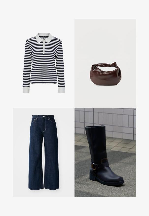 Polo à manches longues rayé en bleu marine et blanc, avec un col blanc contrastant, une patte de boutonnage et une texture côtelée.; Jeans en denim bleu foncé à jambes larges avec des coutures contrastées, un design à cinq poches et une fermeture à bouton à la taille.; Botte en cuir noire mi-mollet avec un talon bas et une bride décorative avec boucle en métal, posée sur une surface pavée grise près d'un mur carrelé.; Sac bandoulière en cuir marron foncé avec une forme souple et décontractée et une anse nouée torsadée sur un fond blanc uni.