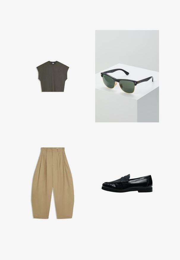 Haut sans manches surdimensionné de couleur vert olive avec un col rond et de larges ouvertures aux bras, posé à plat sur un fond blanc.; Pantalon beige taille haute à jambes larges avec plis sur le devant, fermeture éclair, bouton et passants pour ceinture.; Mocassin penny loafer pour homme en cuir noir avec bout moc cousu et petit talon, présenté de profil sur fond blanc.; Lunettes de soleil Ray-Ban avec des verres verts, monture en plastique noir et accents dorés sur les bords. Forme carrée avec une finition mate.