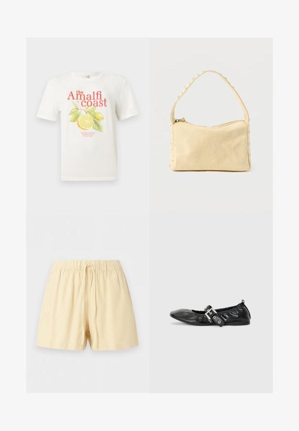 T-shirt blanc à manches courtes avec le texte "the Amalfi coast" et un graphisme de fruit de citron et de feuilles vertes sur le devant.; Shorts beige en coton avec taille élastique et cordon à l'avant, conçus pour un usage décontracté.; Chaussure plate en cuir noir avec un nez pointu, des détails froncés autour de l'ouverture et un accent en boucle argentée sur la bride ajustable.; Petit sac à main en cuir beige avec une seule bandoulière et des clous argentés le long des bords et de la bandoulière, posé sur un fond uni.