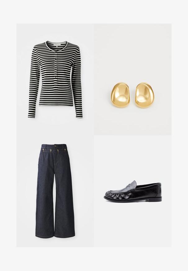 Sort/hvid stribet langærmet skjorte med rund halsudskæring, udstyret med en knaplukning og en slim-fit design. Blødt stoftekstur.; Bredde bukser lavet af mørkt denim, med høj talje, dobbeltknaplukning og kontrastsyninger langs sømmene.; Sort læder herre loafer med penny-rem og detaljeret syning langs den afrundede tå, flad sål og lav hæl.; Guldfarvede stud øreringe med en glat, rund form og en reflekterende overflade, der fremhæver et minimalistisk design uden synlige mønstre.