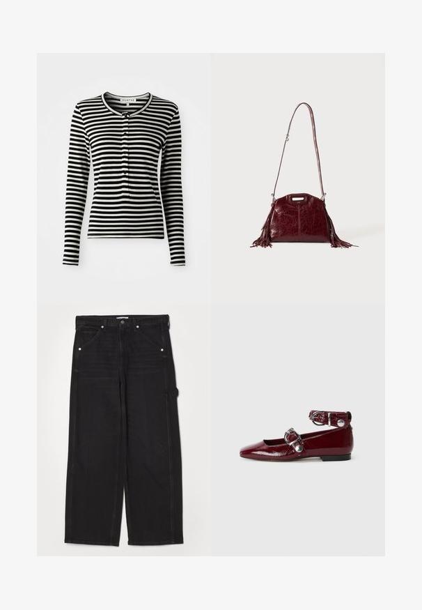 Sort/hvid stribet langærmet skjorte med rund halsudskæring, udstyret med en knaplukning og en slim-fit design. Blødt stoftekstur.; RE/DONE PAINTER JEAN - Jeans Relaxed Fit - crafted black; Bordeaux patentlæder flade sko med spids tå, en ankelrem med en sølvspænde og en lav hæl. Glat tekstur overalt.; Mørkerød læder skuldertaske med frynser og justerbar rem med sølvspænde mod en ensfarvet lys baggrund.