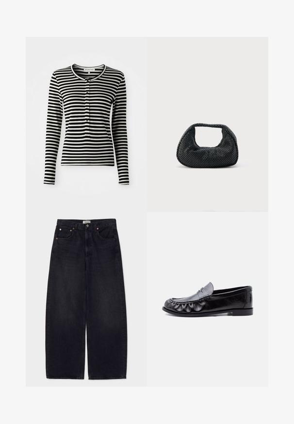 Zwart-wit gestreepte blouse met lange mouwen en een ronde hals, voorzien van een knoopsluiting en een slim-fit ontwerp. Zachte stoftextuur.; Wijduitlopende zwarte spijkerbroek van denim met koperen knopen, twee voorke pockets en een gladde textuur. Eenvoudig ontwerp met een rechte snit.; Zwarte leren herenslipper met pennyband en gedetailleerd stiksel langs de afgeronde neus, platte zool en lage hak.; Zwarte geweven hobo-tas met een zachte structuur en geïntegreerd handvat, weergegeven op een effen lichte achtergrond.