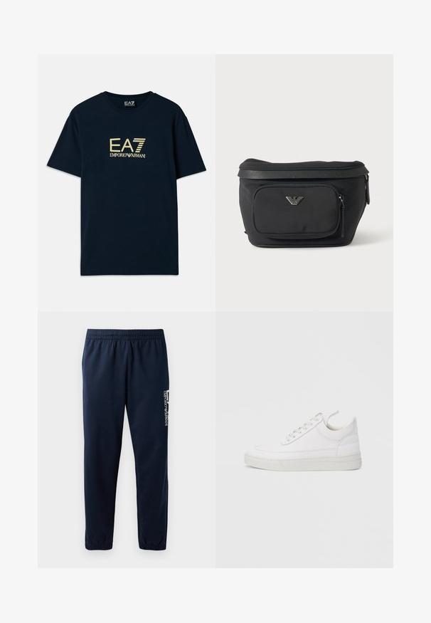 Camiseta de algodón azul marino con un estampado dorado del logo "EA7 EMPORIO ARMANI" en el pecho, mangas cortas y un escote redondo.; Pantalones de chándal azul marino con cintura elástica, piernas ajustadas y un logo blanco en el lateral. Tejido suave con una textura ligera.; Zapatilla blanca de cuero con punta redondeada, suela plana y cierre de cordones. Presenta detalles de costuras y un cuello acolchado para mayor comodidad.; Riñonera negra con bolsillo frontal con cremallera y logo de águila plateado, tela lisa con ribete texturizado y tiradores de cremallera.