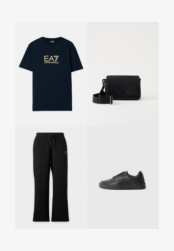 Camiseta de algodón azul marino con un estampado dorado del logo "EA7 EMPORIO ARMANI" en el pecho, mangas cortas y un escote redondo.; Pantalones deportivos negros de pierna recta con cintura elástica y cordón, con un pequeño texto de logo blanco en la parte superior del muslo izquierdo.; Zapatilla negra de cuero con un acabado suave, punta redondeada, panel lateral texturizado y cordones negros. Presenta una suela de goma plana y un diseño minimalista.; Bandolera negra hecha de material suave, con cierre de solapa y logo en relieve. Incluye una correa ajustable a juego.