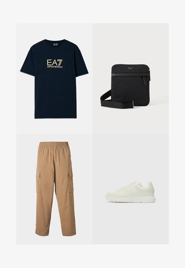 Tumedast sinine puuvillane T-särk, millel on kuldne logo trükk "EA7 EMPORIO ARMANI" rinnal, lühikesed varrukad ja ümar kaelus.; Beezid cargo püksid elastse vöökohtaga, millel on mitu küljetaskut ja kerge, sile tekstuur. Otse jala design.; Valge nahkne sneaker, millel on tekstureeritud pealmine osa, ümar varvas, lame valge talla ja tooni järgi seotud paelad. Disciple brändimine keelega.; Must ruudukujuline õlakott tõmblukuga, esitasku ja reguleeritava rihmaga, millel on reljeefne kaubamärgi nimi.
