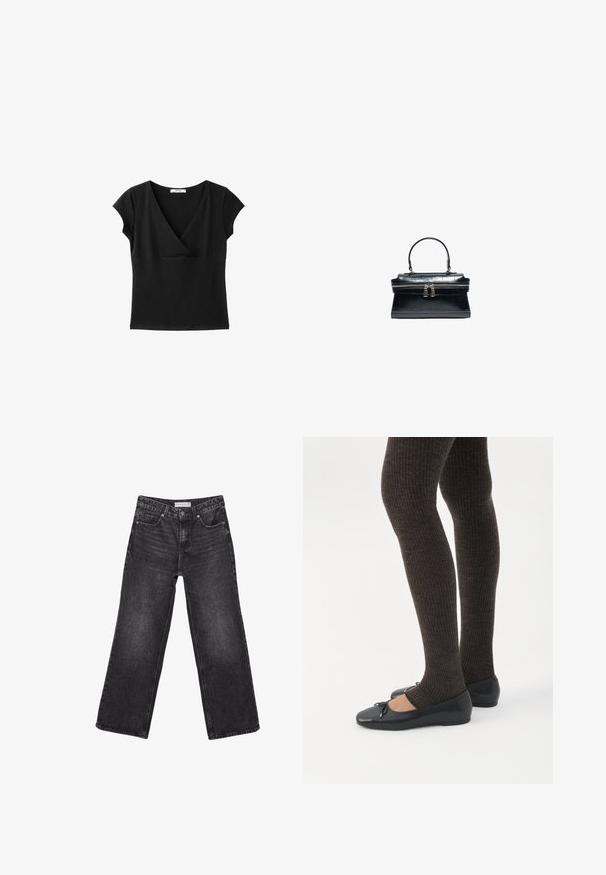 Haut noir à manches courtes style cache-cœur avec encolure en V et taille cintrée, affiché sur fond blanc.; Jean noir à jambes larges, poches avant et fermeture par bouton, étiquette de taille 38 visible à la ceinture.; Jambes portant des leggings côtelés foncés associés à des ballerines noires avec de petits détails en nœud sur fond blanc.; Sac à main en cuir noir avec une poignée supérieure, une texture crocodile et une fermeture double à glissière au centre.