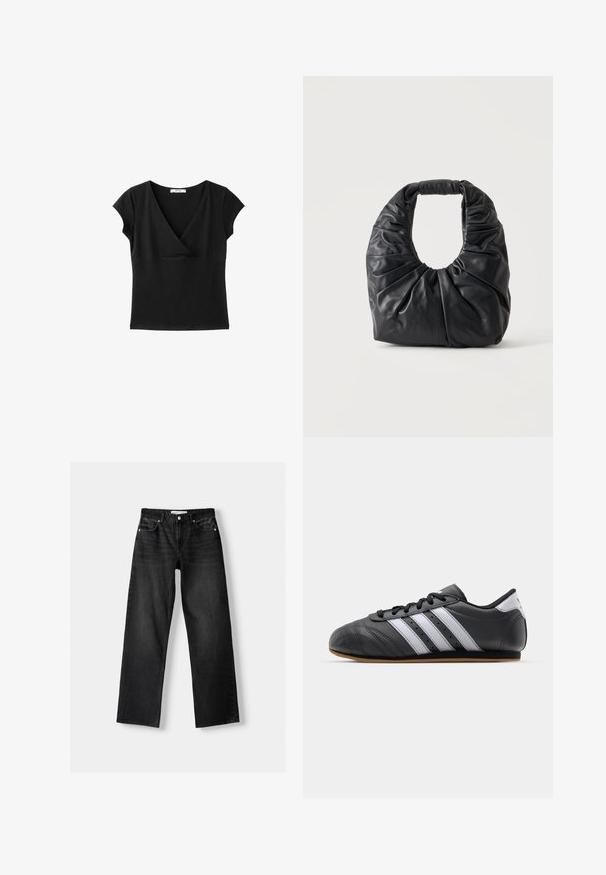 Haut noir à manches courtes style cache-cœur avec encolure en V et taille cintrée, affiché sur fond blanc.; Bershka Jean droit - mottled dark grey; Baskets de sport en cuir noir avec des rayures blanches, bout rond, semelle plate et fermeture à lacets. Comprend des perforations pour la respirabilité.; Sac à épaule en cuir souple noir avec des plis froncés et une poignée arrondie, debout sur un fond clair uni.