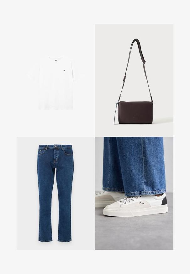 Hvid kortærmet t-shirt med rund hals og lille cirkulært logo, der viser et sort "W" på venstre brystområde.; Mørkeblå denimjeans med et lige ben-design, fem lommer og en metalknap i taljen. Glat tekstur med minimal falmning.; Hvide og sorte sneakers med en glat læderoverdel, teksturerede detaljer og en kraftig hvid sål. Har et klassisk snørebåndsdesign.; Mørkebrun textured læder crossbody taske med justerbar rem og lille dekorativ blå accent på siden.