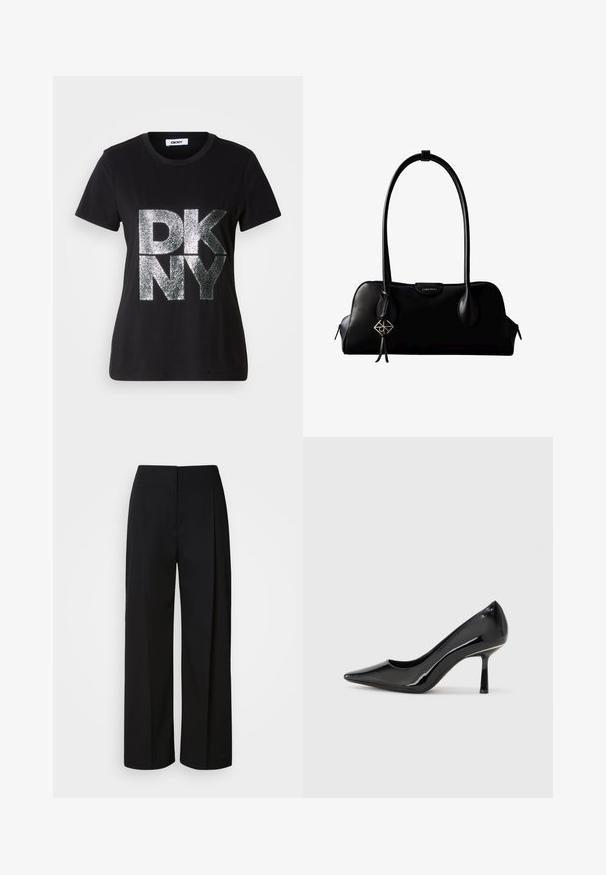 T-shirt noir à manches courtes avec de grandes lettres "DKNY" argentées pailletées sur le devant et un col rond.; Pantalon noir taille haute à jambes larges avec une fermeture avant dissimulée, des coutures ajustées et un tissu lisse et structuré.; Escarpin noir en cuir verni avec un bout pointu, un design épuré et un talon aiguille mince, offrant une texture lisse et brillante.; Sac à main en cuir noir Calvin Klein avec de longues anses, une étiquette logo à l'avant et un charme géométrique argenté suspendu à une anse.