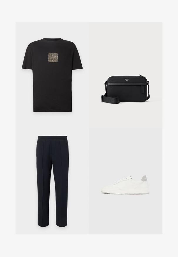 Μαύρο μπλουζάκι από βαμβάκι με τετράγωνο χρυσό σχέδιο με καρφιά στο μπροστινό μέρος. Κοντά μανίκια, στρογγυλή λαιμόκοψη και άνετη γραμμή.; Μαύρο παντελόνι με ίσια γραμμή, με λεπτομέρεια ραφής μπροστά, ελαστική μέση και πλαϊνές τσέπες, σε απλό ανοιχτό φόντο.; Λευκό αθλητικό παπούτσι χαμηλού ύψους με γκρι ταμπ εφφέ στη φτέρνα, λευκά κορδόνια και υφή στη σόλα, απεικονιζόμενο σε απλό ανοιχτόχρωμο φόντο.; Μαύρη ορθογώνια τσάντα crossbody με μπροστινή τσέπη με φερμουάρ, ρυθμιζόμενο λουρί και μικρό μεταλλικό λογότυπο στο επάνω κέντρο.