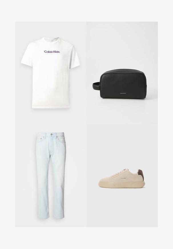 Camiseta de algodón blanca con cuello redondo, mangas cortas y un logo morado de "Calvin Klein" impreso en el pecho.; Jeans de mezclilla azul claro con corte recto. Cuentan con un cierre de botón y pasadores para cinturón, mostrando una textura desgastada y costuras mínimas.; Zapatilla de ante beige con punta redondeada, cordones en la parte frontal y un acento de ante marrón en el talón. Cuenta con una suela de goma texturizada.; Neceser de cuero negro con superficie texturizada, forma redondeada y asa lateral. Presenta el logo de Calvin Klein en la parte frontal.