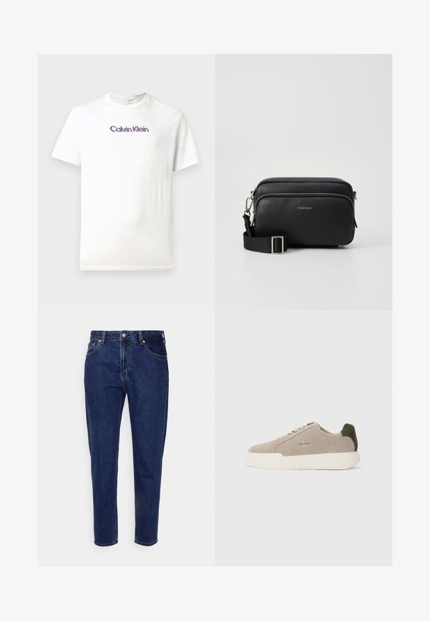 Camiseta de algodón blanca con cuello redondo, mangas cortas y un logo morado de "Calvin Klein" impreso en el pecho.; Vaqueros de mezclilla azul oscuro de corte recto, con cierre frontal de botón y cremallera, trabillas para cinturón y bolsillos delanteros y traseros.; Zapatillas de piel de ante beige con suela de goma blanca, que presentan un acento en el talón de color verde oscuro y un sutil logo en el lateral.; Bolso bandolera de cuero negro con dos compartimentos con cremallera, acabado texturizado, correa ajustable y acentos de hardware en plata. Logo de Calvin Klein exhibido.