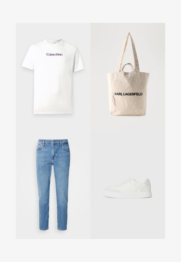 Biely bavlnený tričko s okrúhlym výstrihom, krátkymi rukávmi a fialovým logom "Calvin Klein" potlačeným na hrudi.; Svetlomodré džínsy s rovný strih, dizajn s piatimi vreckami a jemným vyblednutím. Obsahujú zapínanie na gombík a pútka na opasok.; Biele tenisky s kombináciou hladkých a semišových materiálov, plochými šnúrkami, okrúhlou špičkou a zvýšenou bielou gumovou podrážkou. Jemný detail loga.; Béžová plátená taška s dlhými a krátkymi rúčkami, na prednej strane je nápis „KARL LAGERFELD“ vytlačený tučnými čiernymi písmenami.