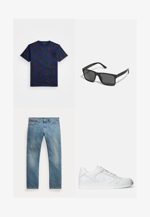 Navyblaue Baumwoll-T-Shirt mit einem sich wiederholenden Muster aus roten und grünen geflügelten Designs. Mit Rundhalsausschnitt und kurzen Ärmeln.; Hellblaue Jeans mit geradem Bein, Fronttaschen, Gürtelschlaufen, Knopfverschluss und leicht ausgewaschenen Details.; Weißer Ledersneaker mit glatter Textur, ausgestattet mit einer perforierten Zehenpartie, Schnürverschluss und gesticktem Logo an der Seite. Weiße Gummisohle.; Schwarze rechteckige Sonnenbrille mit dunklen Gläsern und matter Oberfläche. Enthält das eingeprägte "POLO"-Logo an den Bügeln und ein robustes Rahmendesign.