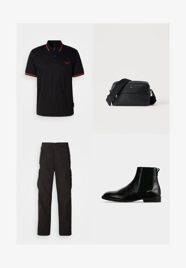 Sort polo-shirt med røde detaljer på kraven og ærmerne. Har en knaplukning ved halsen og broderet Porsche BOSS-logo i rødt.; Sorte cargobukser med lige pasform, elastisk talje, flere sidelommer og et struktureret stof for holdbarhed.; Sort læder ankelstøvle med elastisk sidelæpanel, lav hæl, trækflig bagpå og lille gyldent "HUGO" logo på ydersiden.; Sort tekstureret læder crossbody taske med front lynlåslomme og justerbar bred stofskulderrem på hvid baggrund.