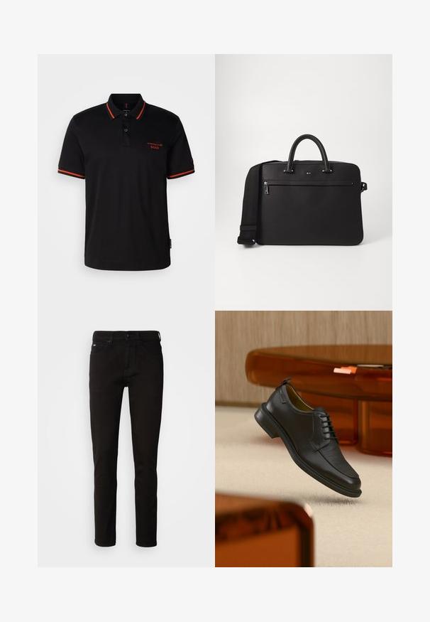Polo noir avec des accents rouges sur le col et les manches. Il présente un col à boutons et un logo Porsche BOSS brodé en rouge.; Jeans en denim noir avec une coupe droite, une fermeture éclair et un design à cinq poches. Le tissu a une texture lisse sans motifs visibles.; Chaussure habillée noire en cuir à lacets avec devant texturé, flottant au-dessus d'un tapis beige dans une pièce moderne avec des meubles teintés d'ambre.; Sac en cuir noir avec une texture lisse, deux poignées supérieures et une bandoulière amovible. Il dispose d'une poche avant zippée et de détails de logo.