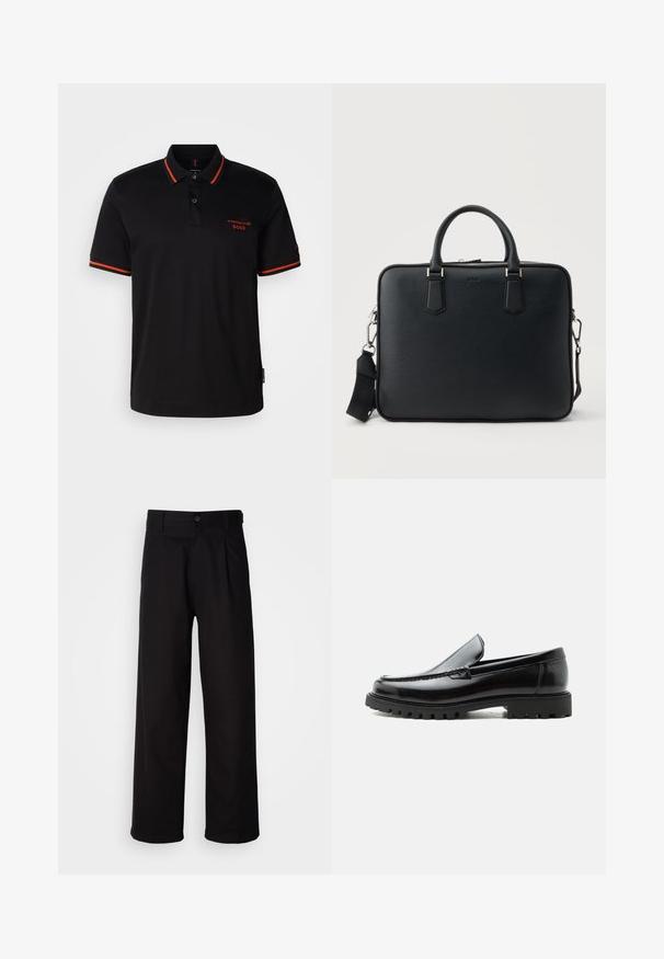 Camisa polo negra con acentos rojos en el cuello y las mangas. Presenta un escote con botones y un logo bordado de Porsche BOSS en rojo.; Pantalones negros hechos de una tela suave, con un diseño de pierna recta, pliegues frontales y un cierre de botón en la cintura.; Mocasín de cuero negro con suela de goma gruesa, empeine cosido y nombre de la marca en relieve en el talón, mostrado en perfil lateral sobre fondo blanco.; Maletín negro de cuero texturizado con dos asas y una correa de hombro desmontable, con cremallera plateada y herrajes metálicos.