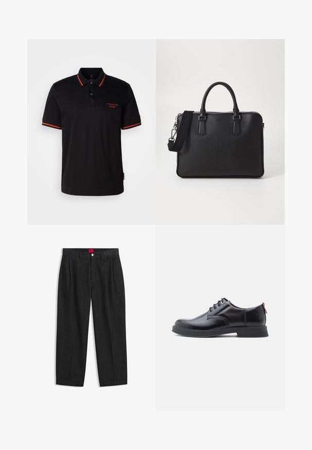 Camisa polo negra con acentos rojos en el cuello y las mangas. Presenta un escote con botones y un logo bordado de Porsche BOSS en rojo.; Pantalones negros de talle alto con pliegues delanteros, trabillas para cinturón, cierre con botón y cremallera, y una etiqueta roja en el interior de la cintura.; Zapatos de piel negra con cordones, textura lisa, puntera redondeada y detalles sutiles de costura. Cuentan con una lengüeta roja en el talón.; Bolso de cuero negro con superficie texturizada, dos asas y una correa para el hombro desmontable. Presenta cremalleras plateadas y elementos de diseño minimalistas.