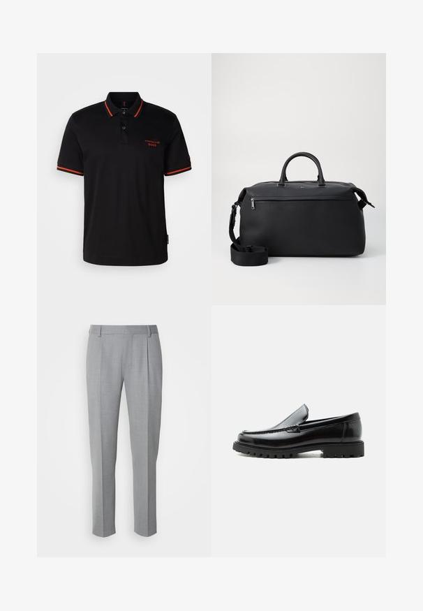 Camisa polo negra con acentos rojos en el cuello y las mangas. Presenta un escote con botones y un logo bordado de Porsche BOSS en rojo.; Pantalones grises a medida con una textura suave, que cuentan con un frente plano, piernas rectas y pliegues sutiles para un detalle adicional.; Mocasín de cuero negro con suela de goma gruesa, empeine cosido y nombre de la marca en relieve en el talón, mostrado en perfil lateral sobre fondo blanco.; Bolsa de viaje de cuero negro con dos asas superiores, una correa de hombro desmontable y un bolsillo frontal con cremallera para almacenamiento adicional.