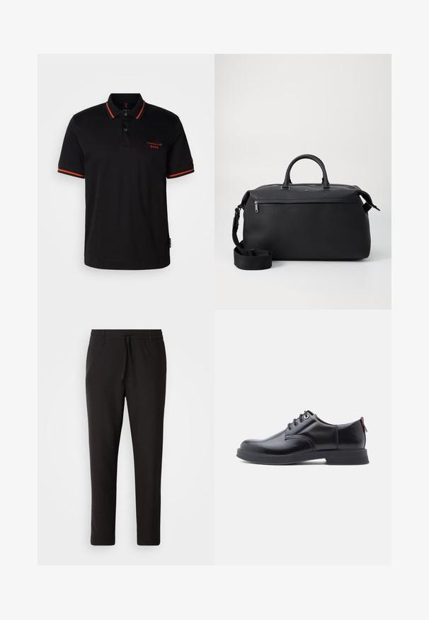 Sort polo-shirt med røde detaljer på kraven og ærmerne. Har en knaplukning ved halsen og broderet Porsche BOSS-logo i rødt.; Sorte joggebukser lavet af glat stof. Har en elastisk talje med snor, tætsiddende ben og ingen synlige lommer. Enkel design.; Sorte snørestøvler i læder med glat tekstur, rundet tå og diskrete syningsdetaljer. Har en rød trækflig på hælen.; Sort læder duffel taske med to top hanke, en aftagelig skulderrem og en lynlåslomme foran til ekstra opbevaring.
