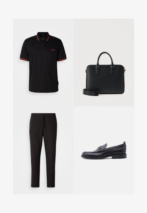 Camisa polo negra con acentos rojos en el cuello y las mangas. Presenta un escote con botones y un logo bordado de Porsche BOSS en rojo.; Pantalones de chándal negros de tejido suave. Cuentan con una cintura elástica con cordón, piernas ajustadas y sin bolsillos visibles. Diseño sencillo.; Mocasín de cuero negro con empeine gris texturizado, detalle de hebilla metálica plateada, tacón bajo y lengüeta para tirar en la parte trasera.; Maletín de cuero negro con doble asa, correa de hombro desmontable y cierre superior con cremallera, sobre un fondo claro y sencillo.