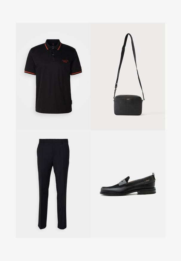 Camisa polo negra con acentos rojos en el cuello y las mangas. Presenta un escote con botones y un logo bordado de Porsche BOSS en rojo.; Pantalones negros confeccionados en tela tejida, con un corte ajustado, frente plano, bolsillos laterales y un diseño de pierna recta.; Mocasín de cuero negro con detalle de tira gris, tacón bajo y suela texturizada, con la marca "HUGO" en oro en el lateral.; Bolso bandolera rectangular negro con correa ajustable y logo BOSS en la parte delantera, sobre un fondo claro liso.